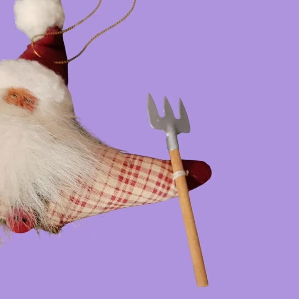 TJ Santas Claus Farmer Ornament With Seed Bag & Pitchfork